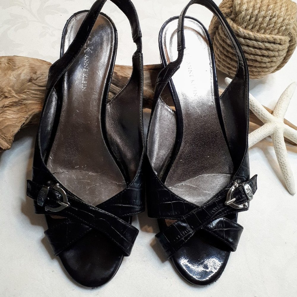 Anne Klein Black Reptile Embossed Sling Back